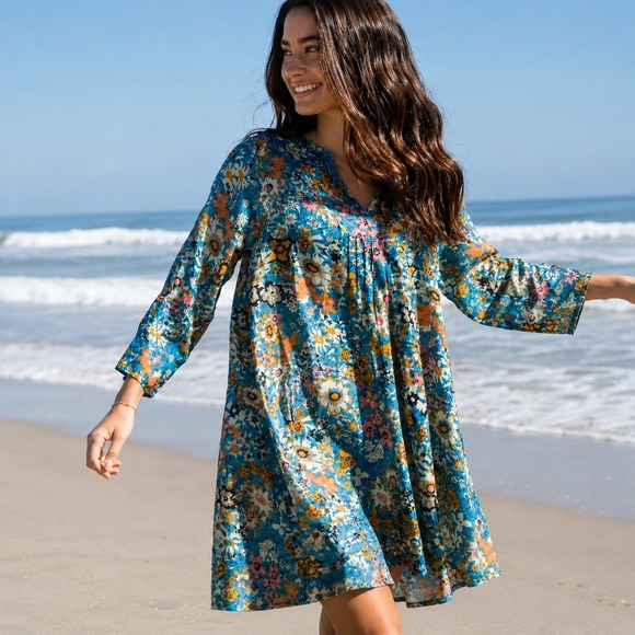 NATURAL LIFE Other - Natural Life Blue Floral Boho Mini Swim Cover Up In A Bag Tunic Size Medium
